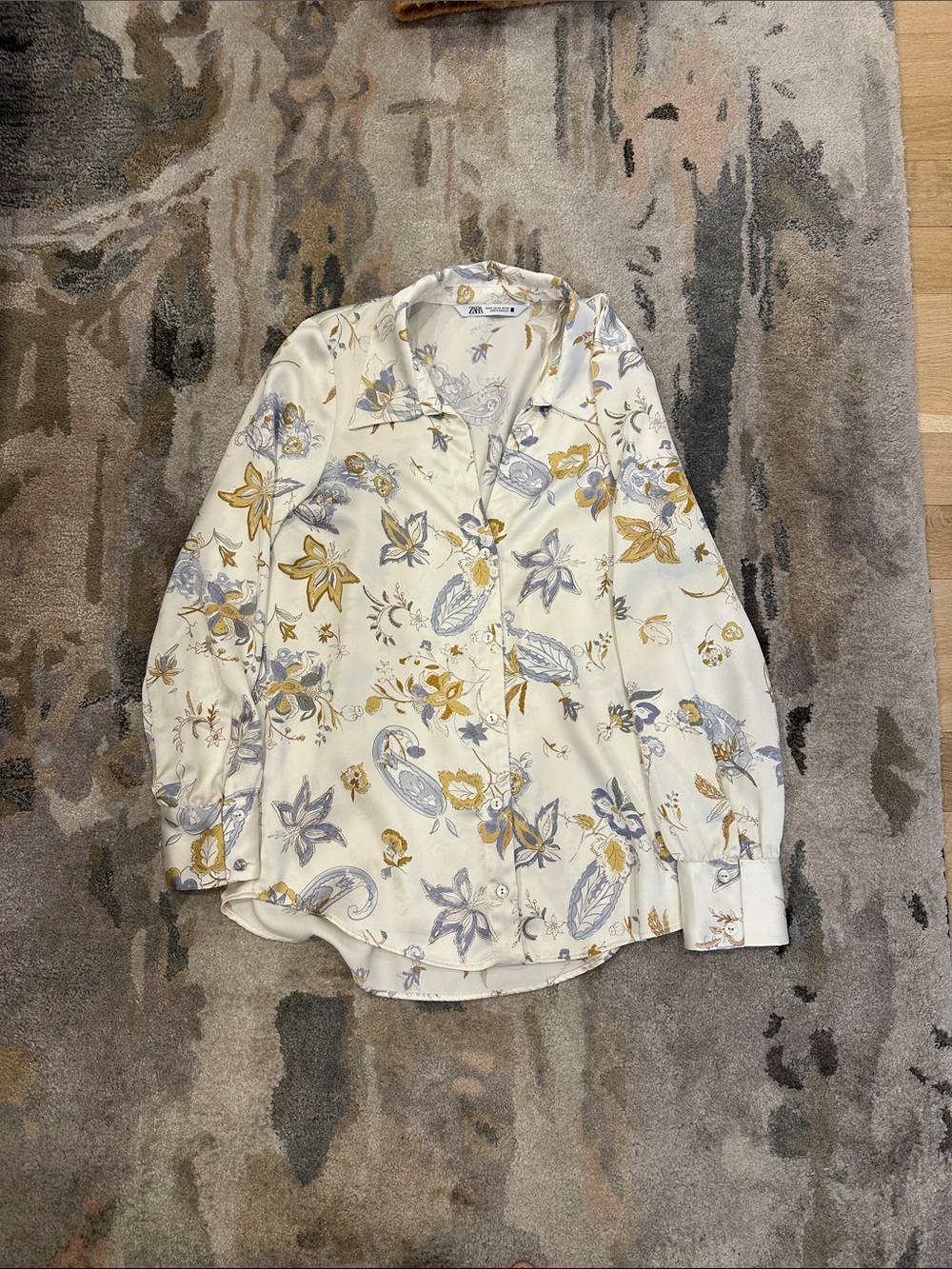 Zara Cream Blouse with Gold and Light Blue Paisley Floral Print